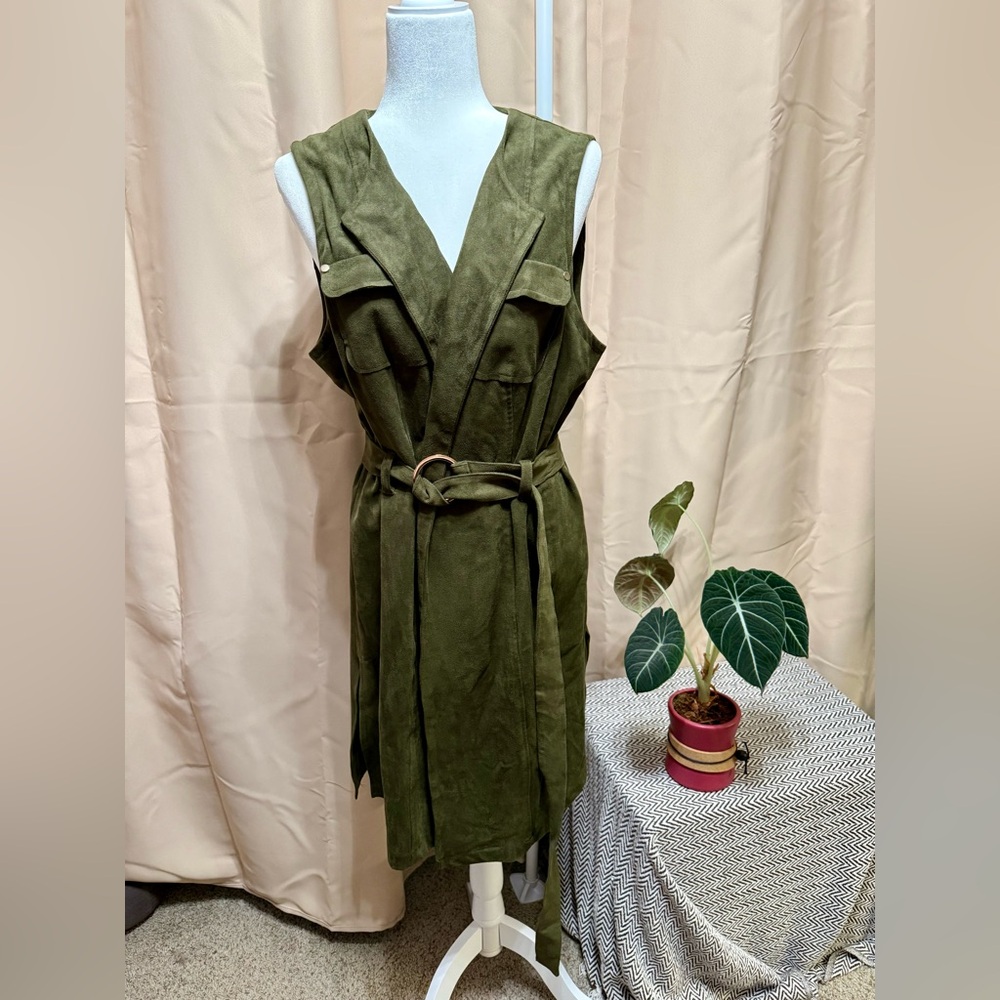 Chico's Olive Green Faux Suede Belted Longline Duster Vest - Size 2/Large - EUC - Picture 3 of 14